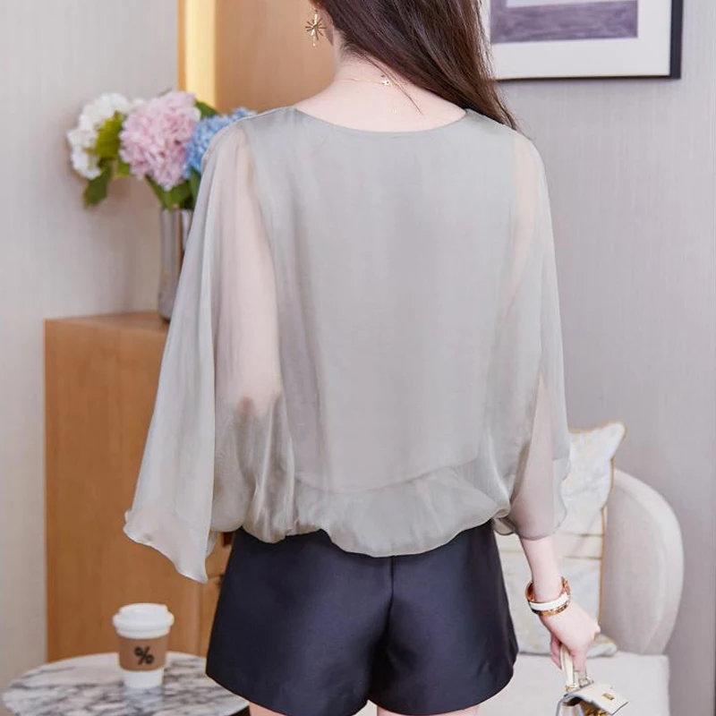 Новая летняя модная блузка три четверти с круглым вырезом - Фотография_6