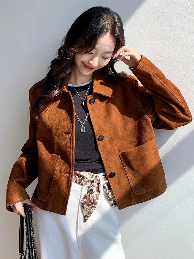 Винтажные короткие замшевые куртки из натуральной кожи для женщин - Фотография_5