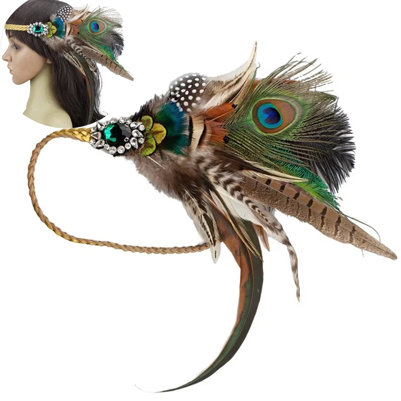 Повязка на голову с перьями павлина