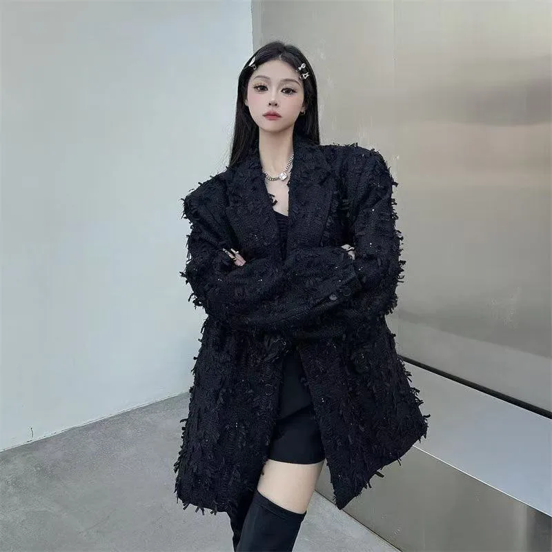 Уличный стиль тканый черный пиджак - Фотография_2