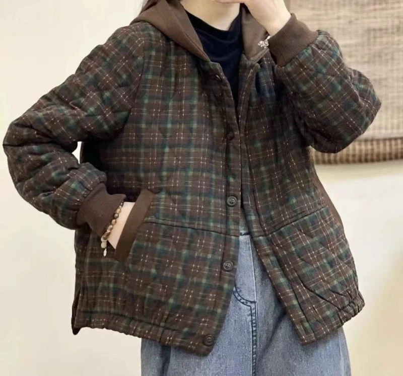 Ретро клетчатая хлопковая куртка с капюшоном для женщин