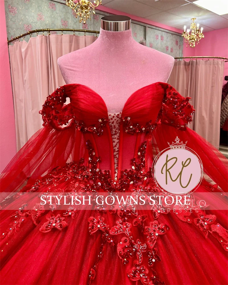 Красный 3d цветок quinceanera платья - Фотография_6