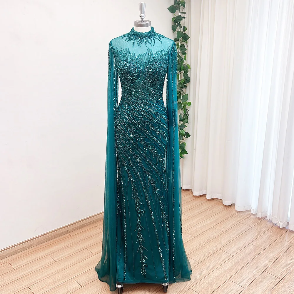 Роскошное вечернее платье русалки с накидкой на рукавах для женщин - Фотография_4