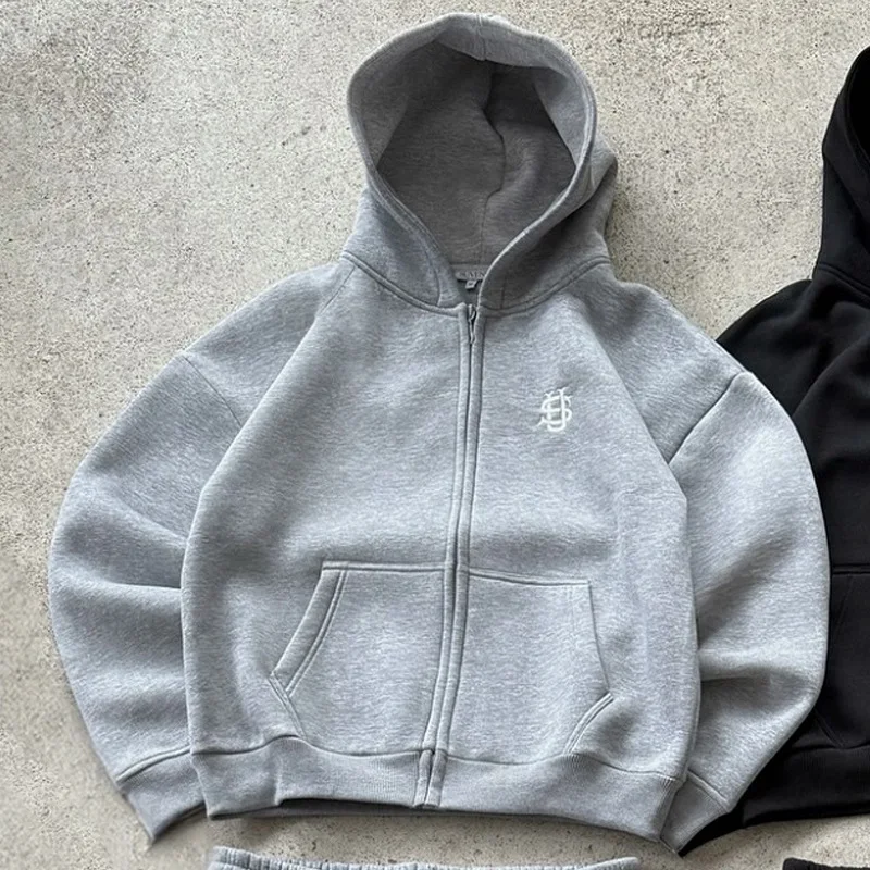 Harajuku серые толстовки с вышивкой на молнии - Фотография_3