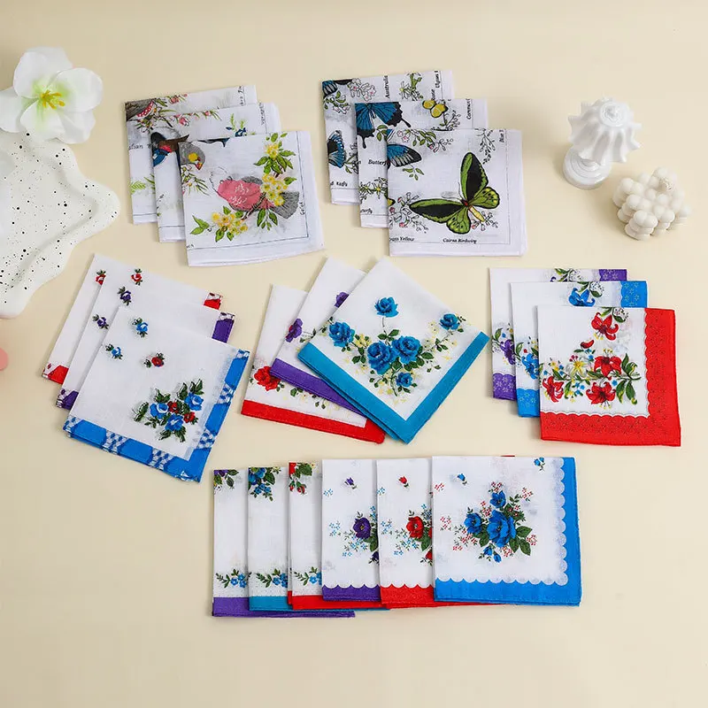 Комплект из 3 женских носовых платков из чистого хлопка с принтом