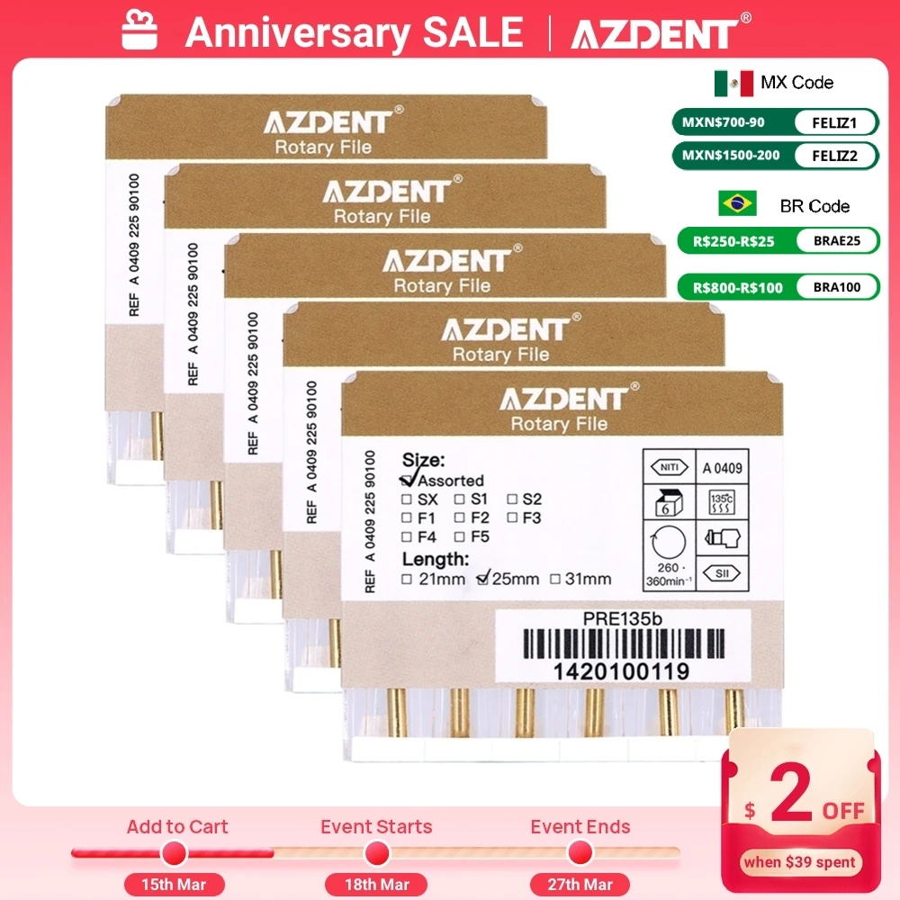 5 коробок azdent dental endodontic gold большой конусный file niti