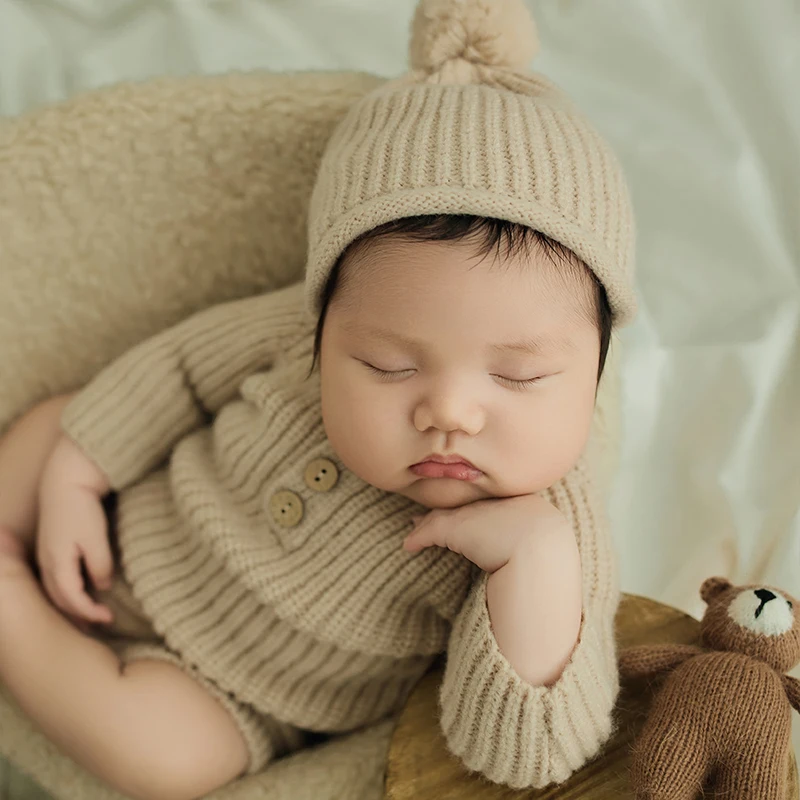 Костюм для фотосъемки новорожденных хаки вязаный комбинезон шапка 2 шт - Фотография_6