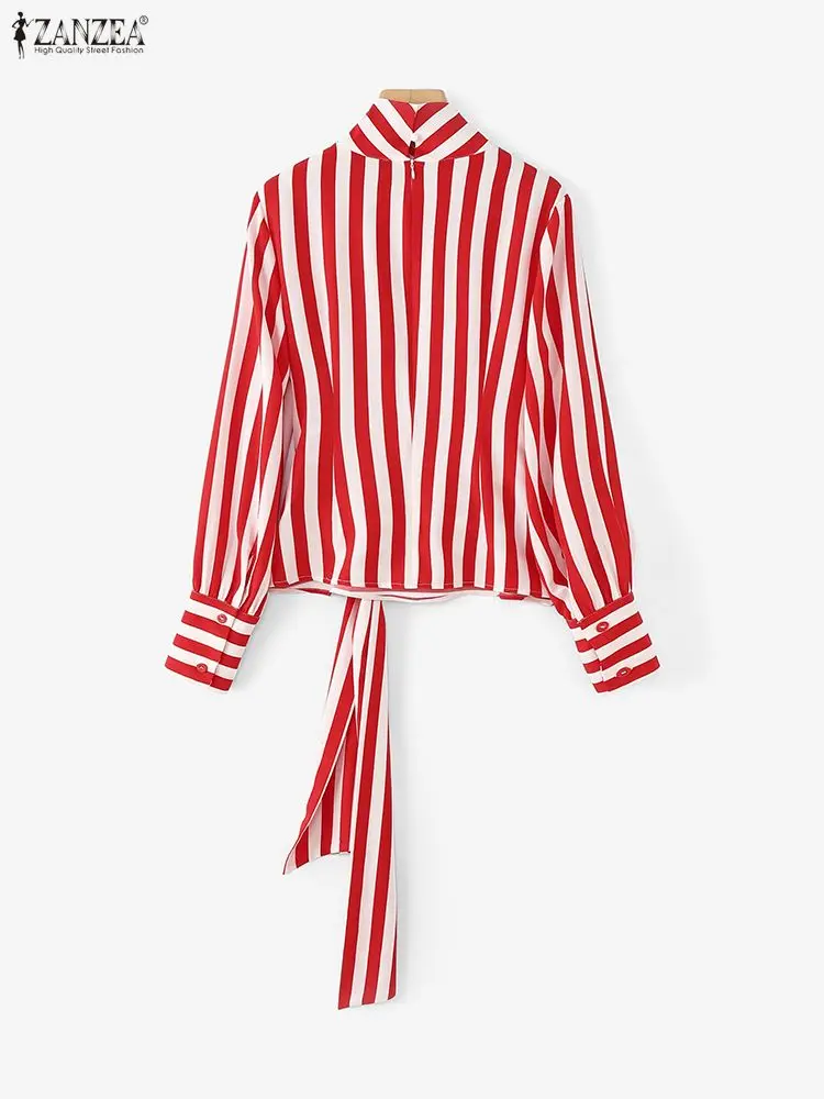 Женские красные полосатые блузки с завязками на талии - Фотография_2