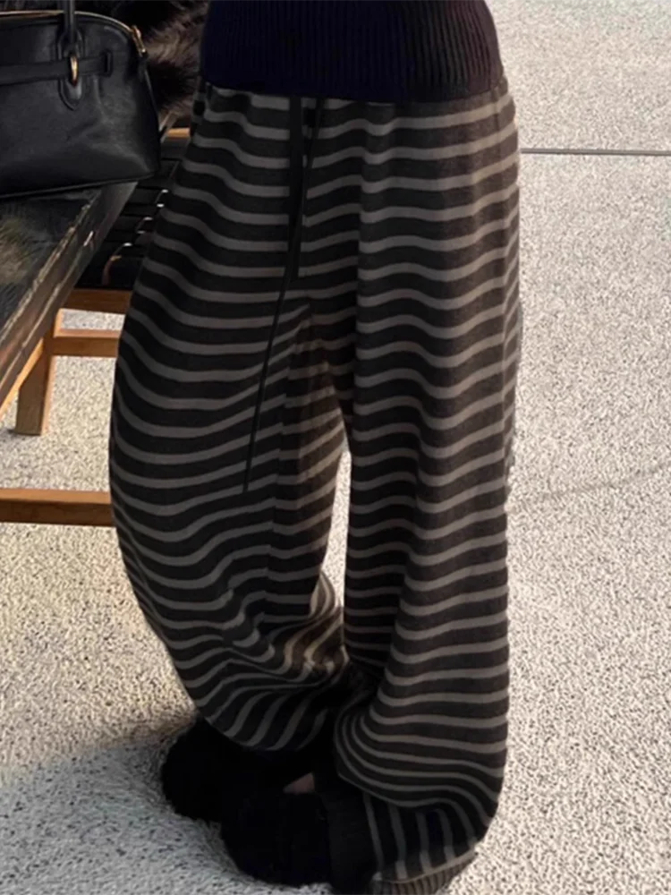 Женские широкие брюки в полоску контрастного цвета в стиле харадзюку