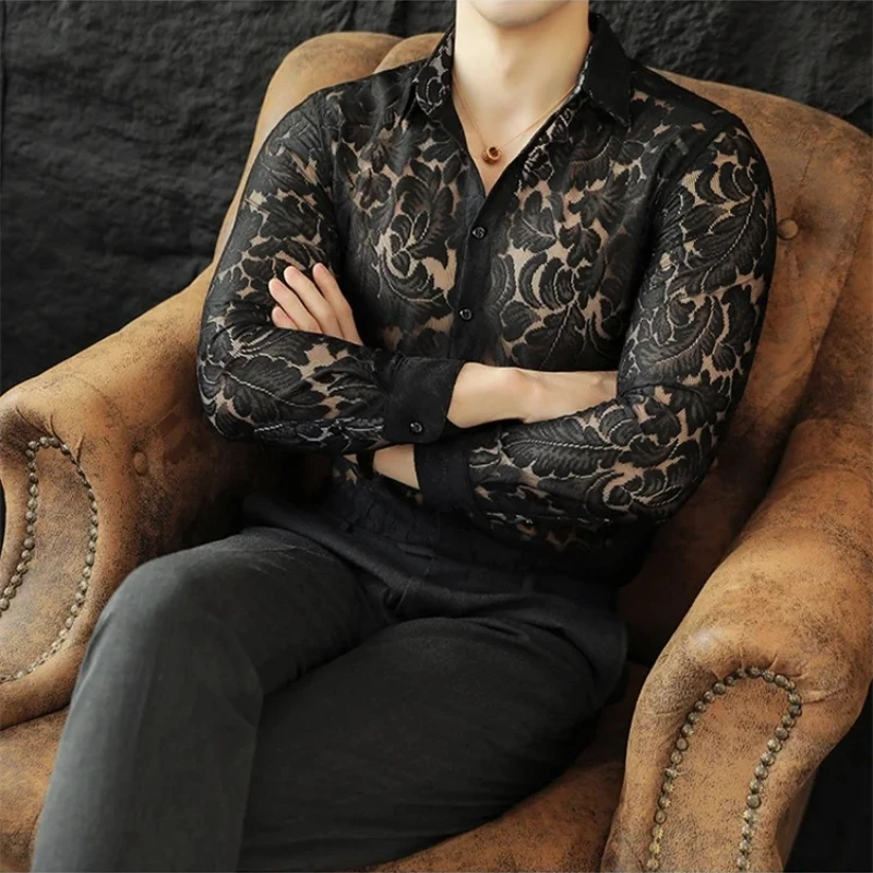 Сексуальная сетчатая прозрачная рубашка с цветочным кружевом для мужчин - Фотография_6