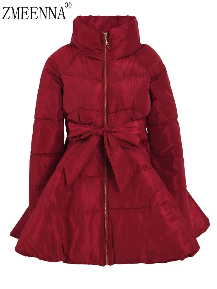 Zmeenna красное повседневное пальто с бантом и хлопковой подкладкой