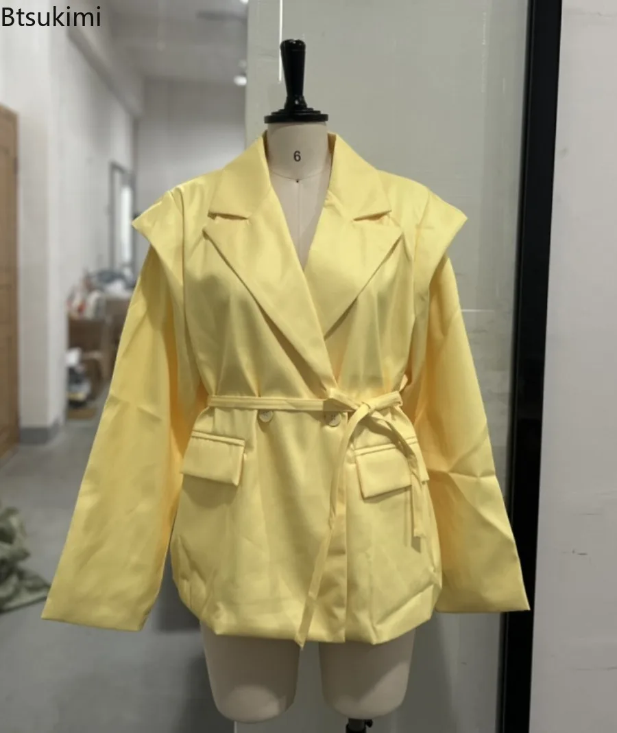 Женский модный однотонный пиджак большого размера на шнуровке - Фотография_6