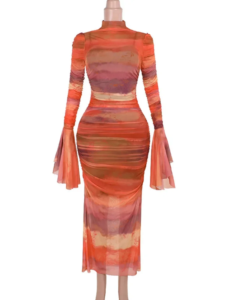 Сексуальное платье макси с расклешенными рукавами и принтом для женщин - Фотография_6