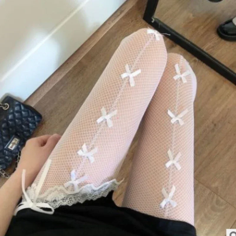 Kawaii готические ажурные колготки в стиле лолиты с бантом