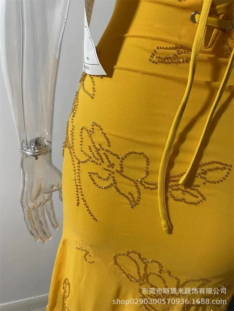 Сексуальное желтое женское платье для выпускного вечера с бисером - Фотография_3