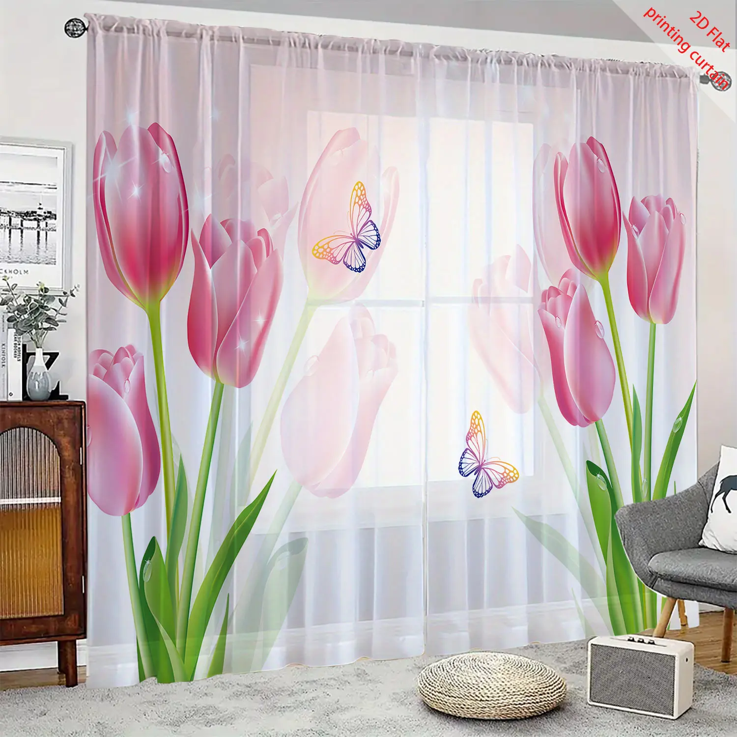 Прозрачная марлевая занавеска с розовым тюльпаном