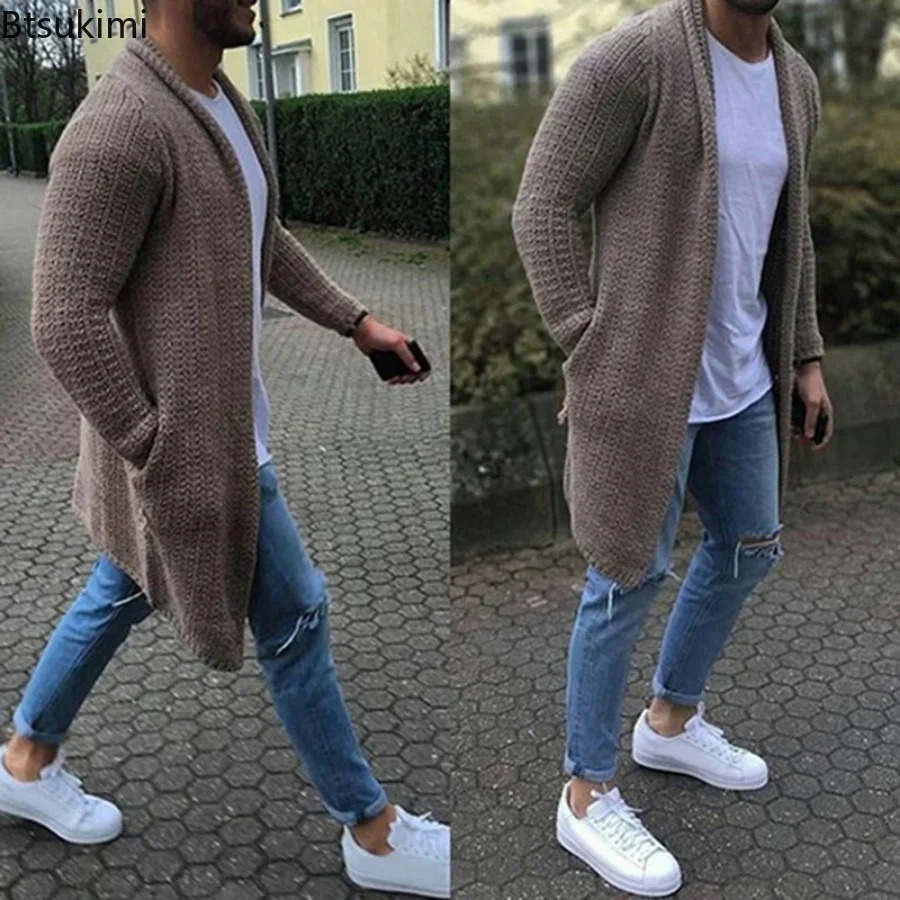 Мужской приталенный длинный вязаный кардиган - Фотография_6