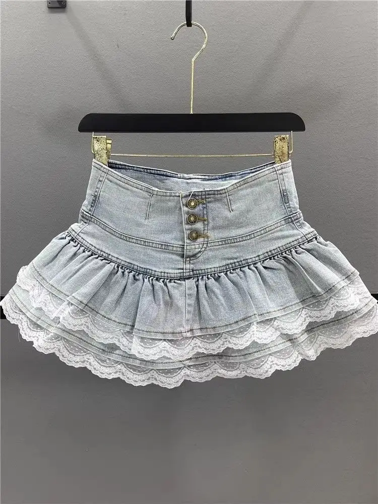 Женская винтажная джинсовая плиссированная юбка с кружевным складком - Фотография_4