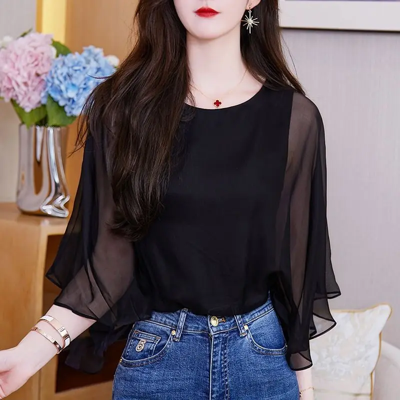 Новая летняя модная блузка три четверти с круглым вырезом - Фотография_3