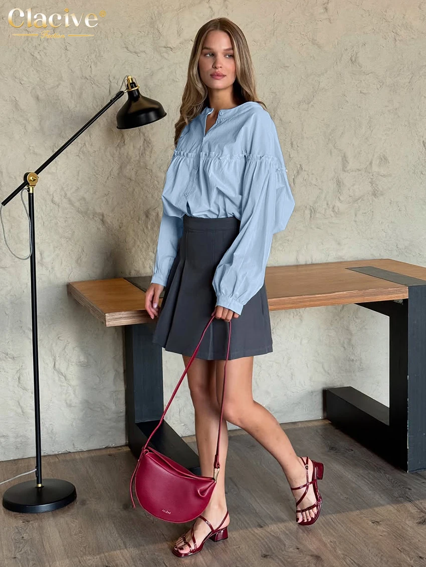 Clacive модная свободная синяя хлопковая женская рубашка 2026 - Фотография_6