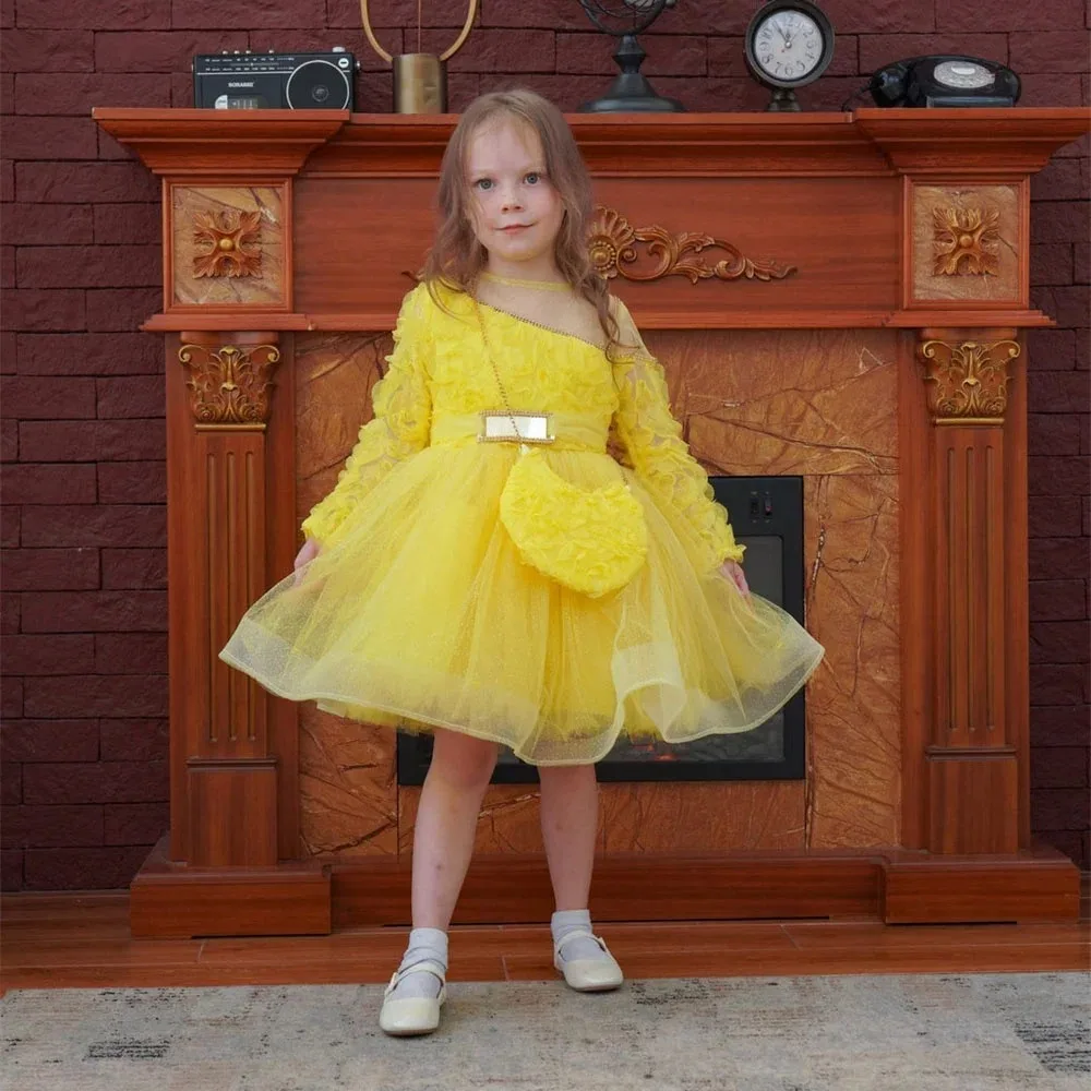 Желтые платья с цветочным узором для девочек на свадьбу длиной до колена - Фотография_3