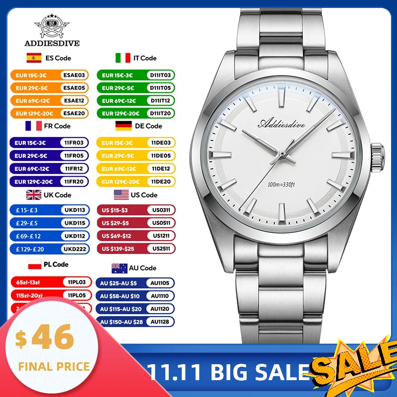 Addiesdive кварцевые часы из нержавеющей