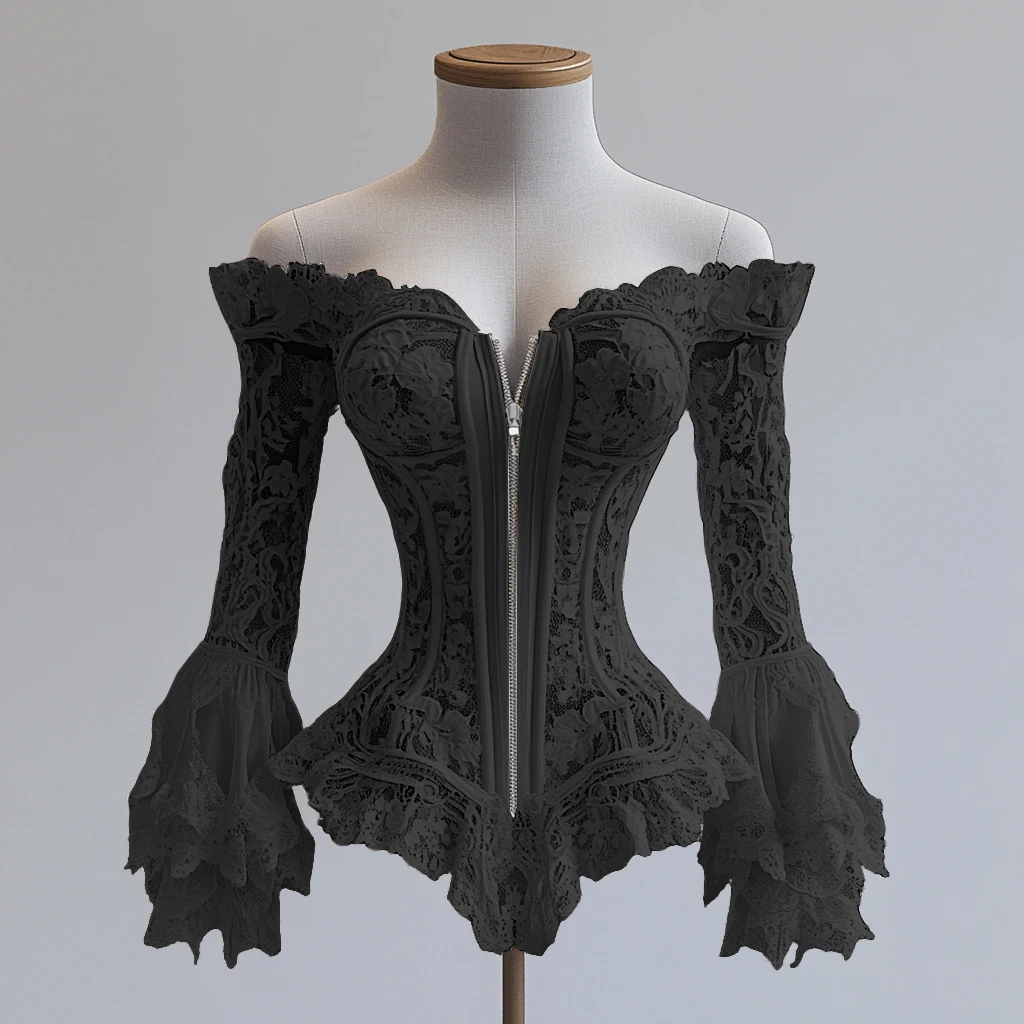 Кружевная блузка с открытыми плечами для женщин - Фотография_4