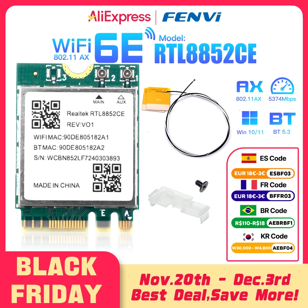 Сетевая карта wi-fi 6e rtl8852ce m.2 5400 мбит/с 802.11ax bluetooth 5.3