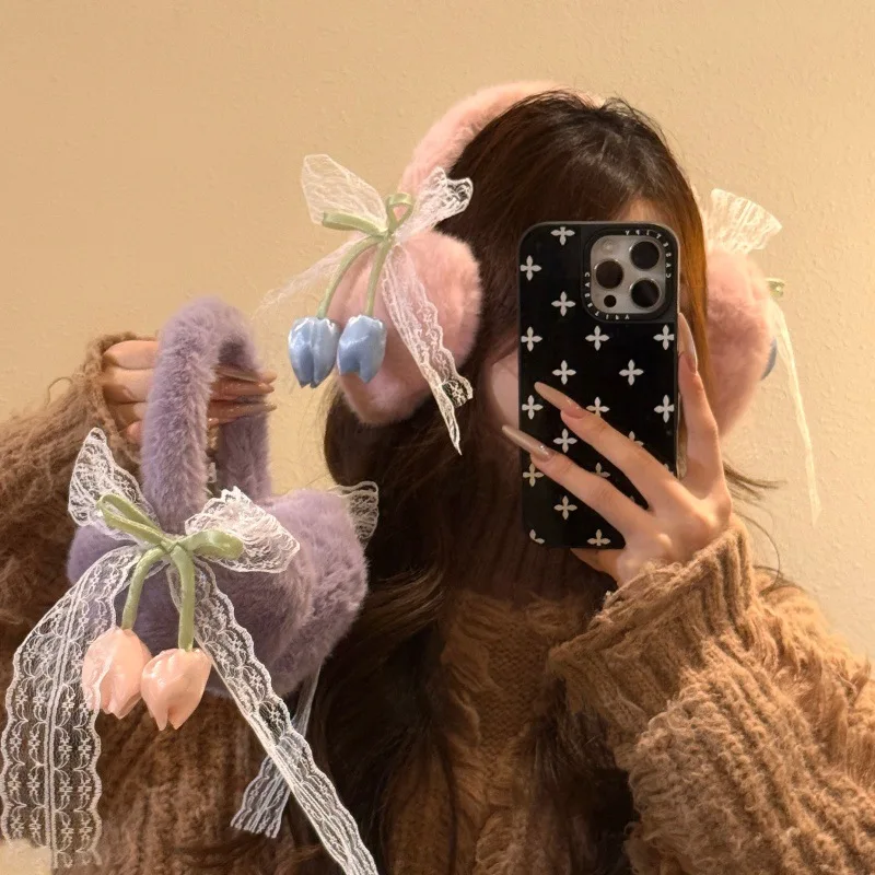 Женские наушники с милым бантом и тюльпаном - Фотография_3