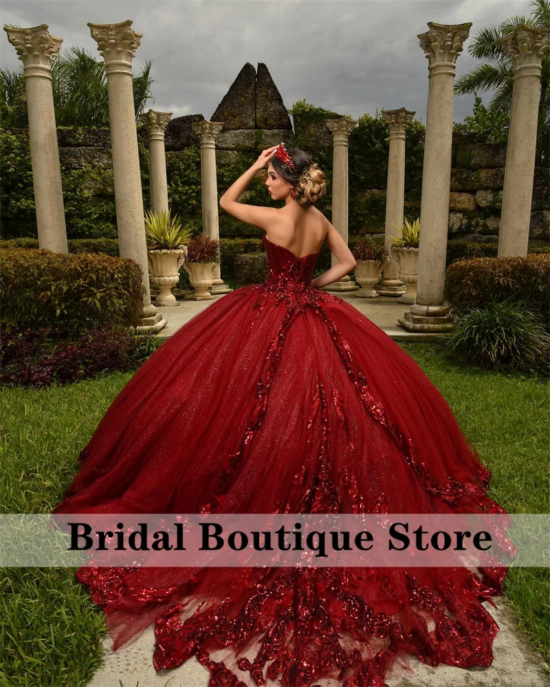 Блестящие бордовые платья принцессы quinceanera с блестками и аппликацией - Фотография_3