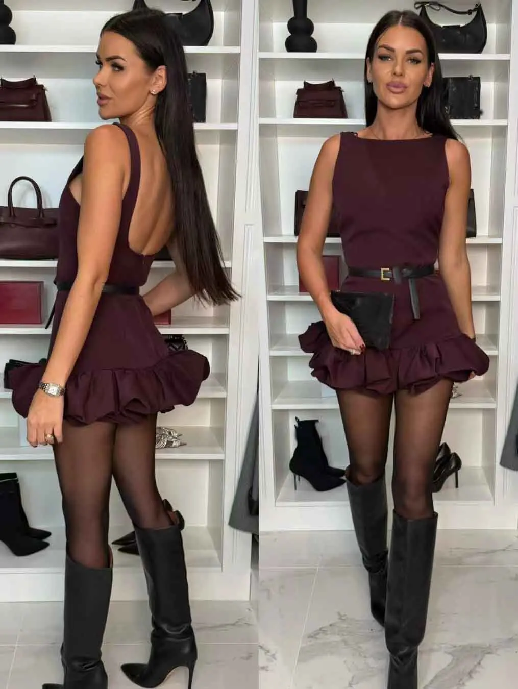 Новое модное сексуальное однотонное женское платье с рюшами по подолу - Фотография_5