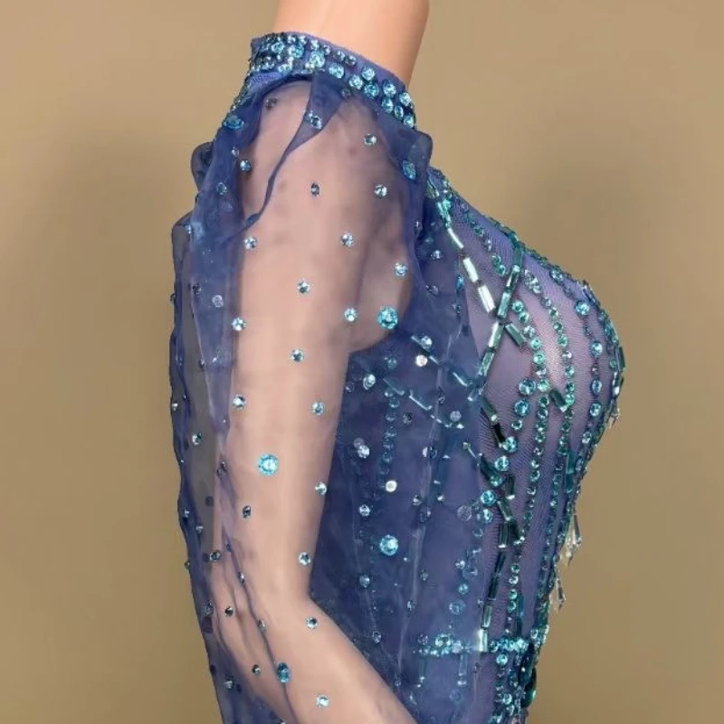 Платье performance blue rhinestone с объемными рукавами для ночного клуба - Фотография_6