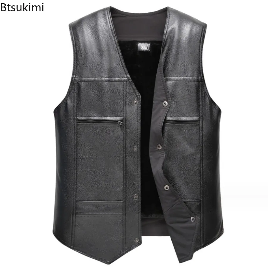 Осень-зима, новый мужской кожаный жилет с флисовой подкладкой - Фотография_3