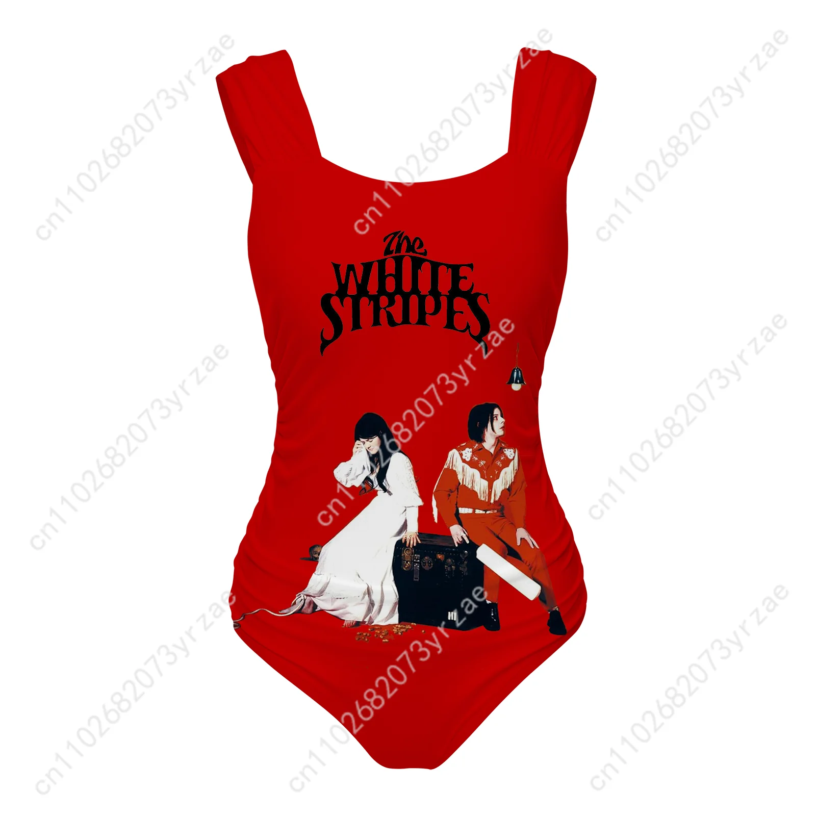 Цельный купальник в белую полоску с широкими бретелями - Фотография_2