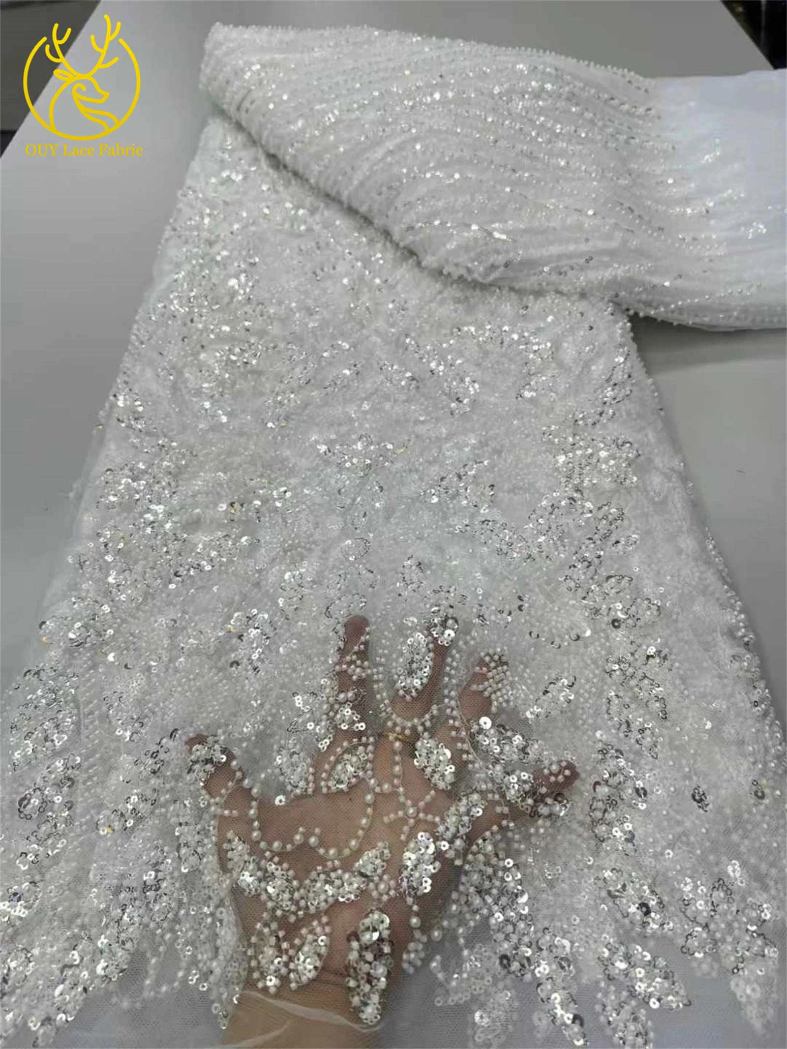 Зеленая африканская тюлевая кружевная ткань с бисером - Фотография_3