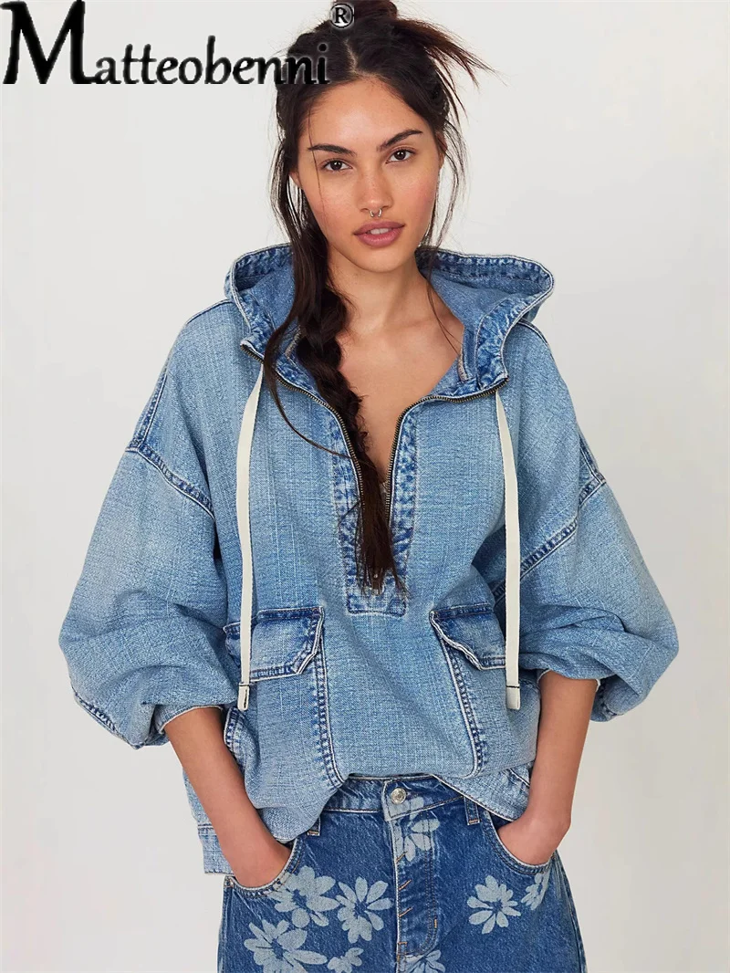 Модные повседневные потертые джинсовые толстовки на шнурке