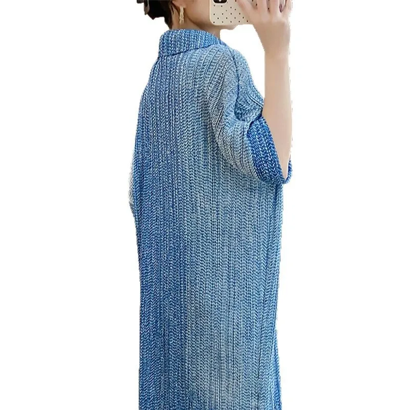 Сплошное цветное модное универсальное платье miyake с лацканами - Фотография_6