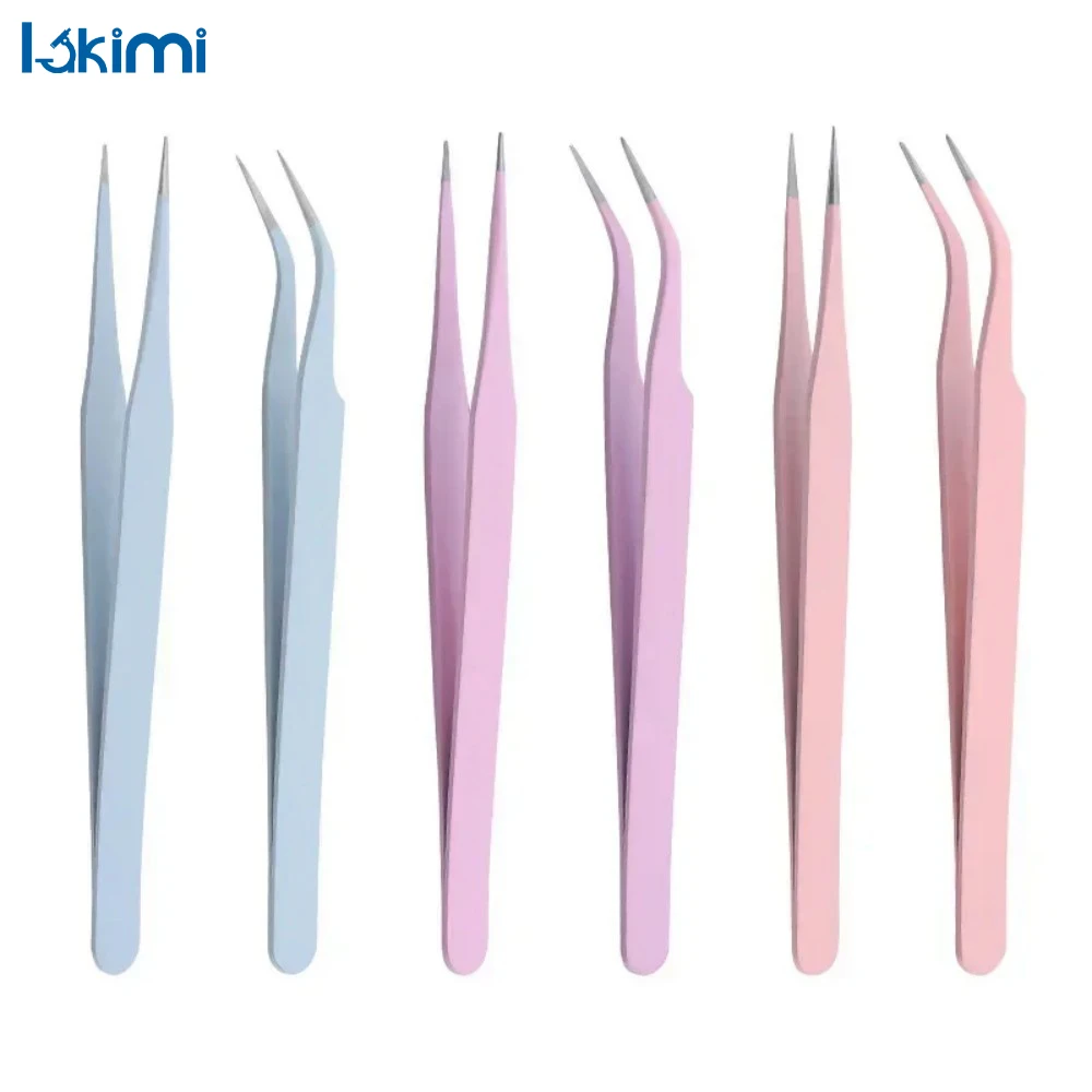 Цветные прямые + изогнутые пинцеты из нержавеющей стали для дизайна ногтей