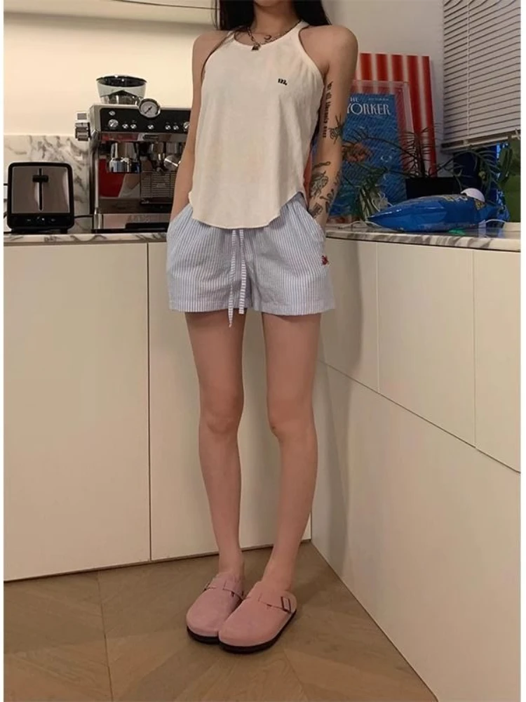 Houzhou синие полосатые шорты с вышивкой букв - Фотография_4