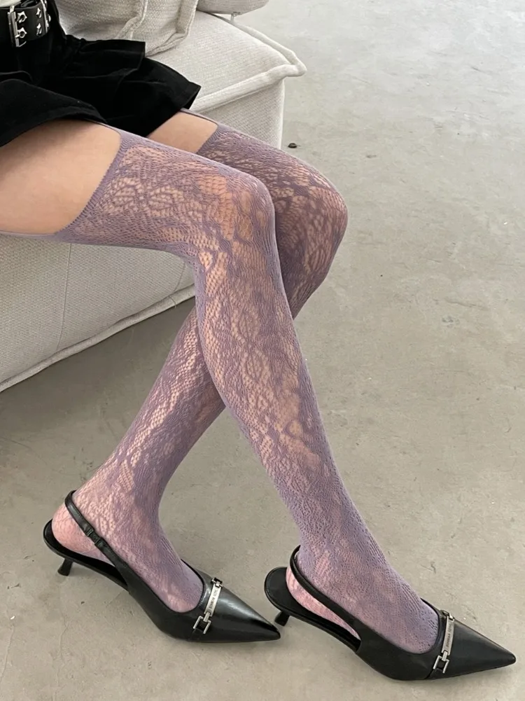 Новые кофейные ажурные чулки с цветочным узором и подтяжками - Фотография_4