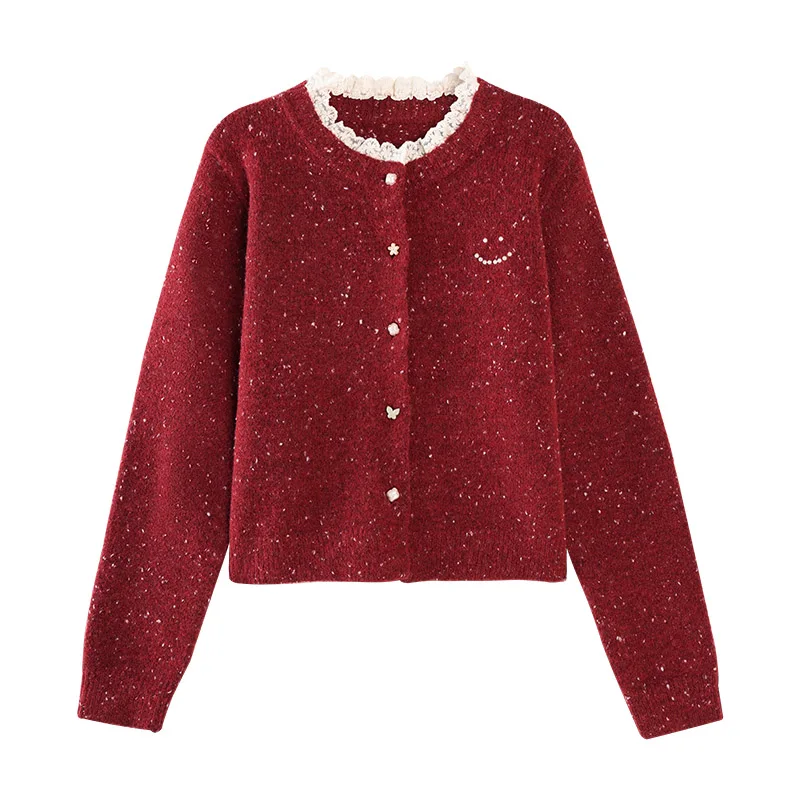 Alxnan красный кардиган с кружевным воротником - Фотография_6