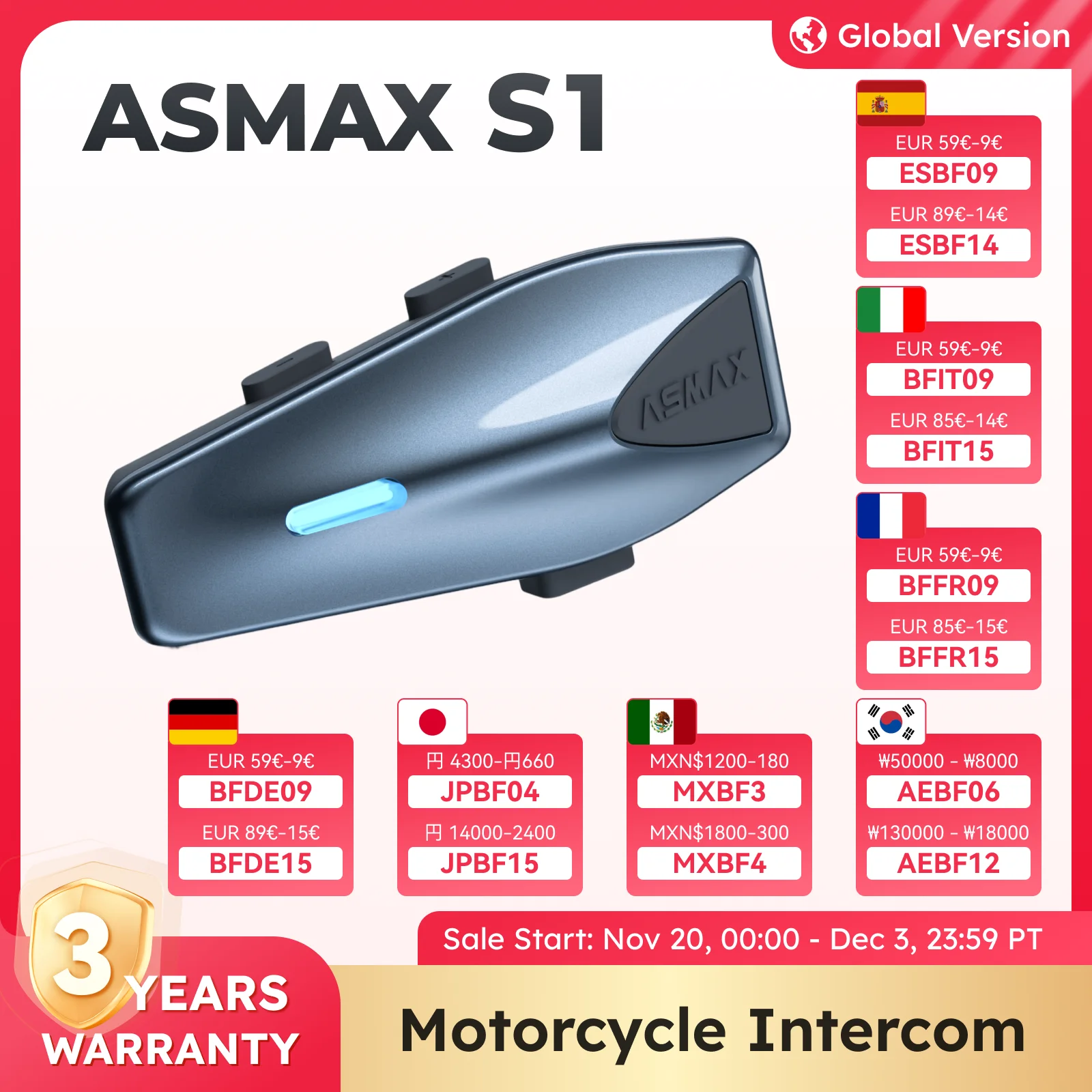 Asmax blue s1 мотоциклетная домофонная система global mesh group