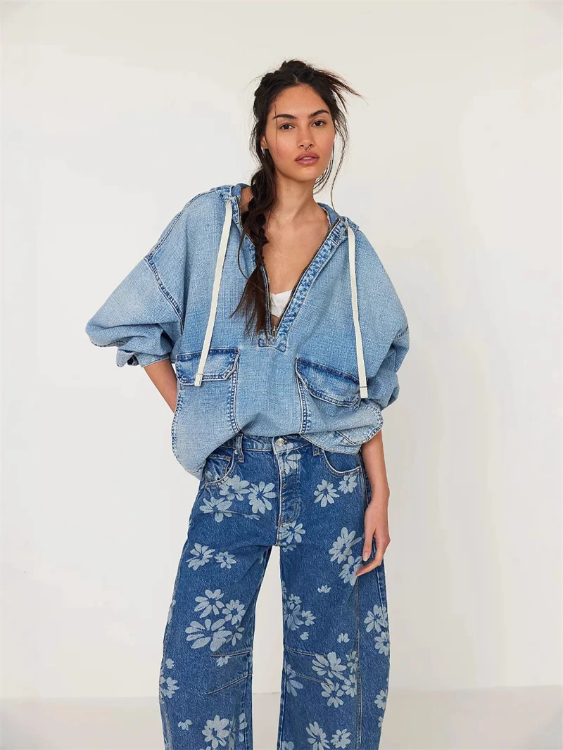 Модные повседневные потертые джинсовые толстовки на шнурке - Фотография_2