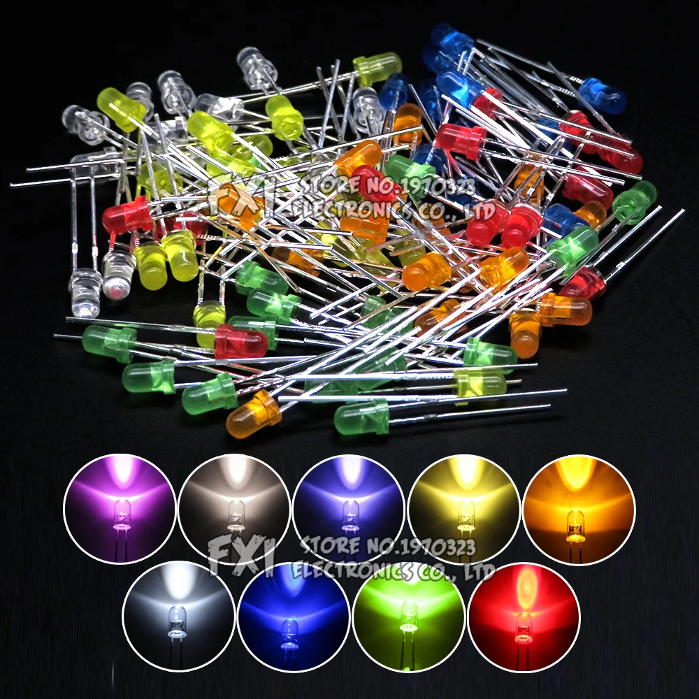 100pcs f3 led diode 3mm assorted