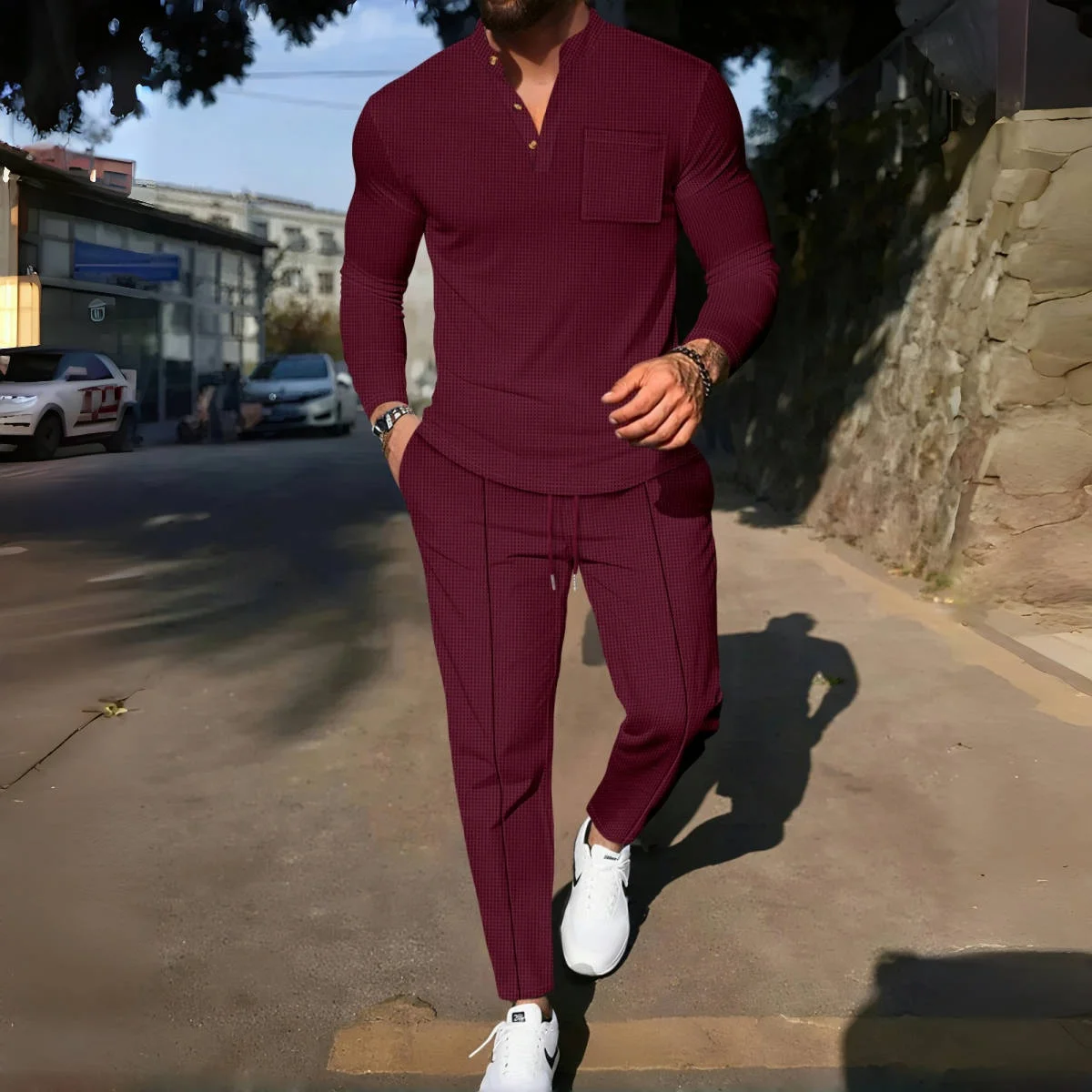 Мужская повседневная рубашка-поло из вафельной ткани - Фотография_2