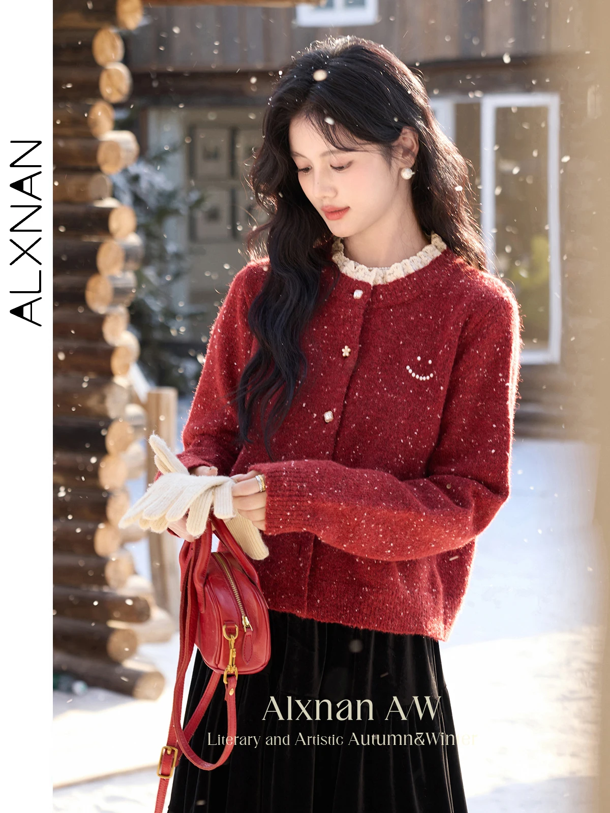 Alxnan красный кардиган с кружевным воротником - Фотография_3
