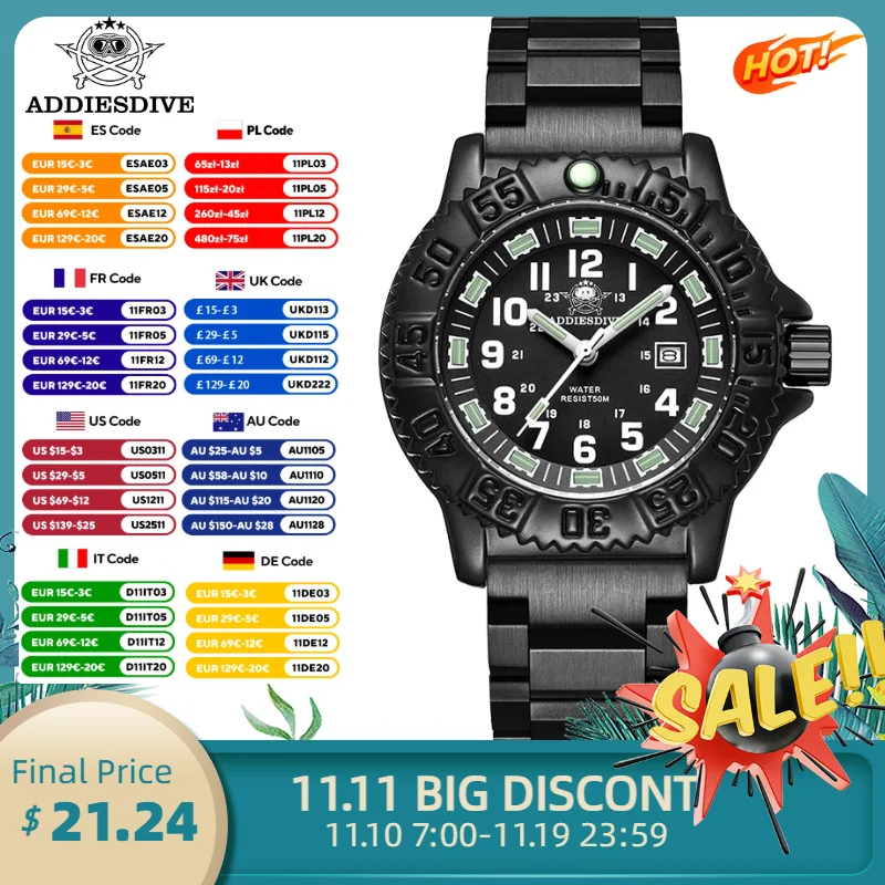 Addiesdive мужские часы модные