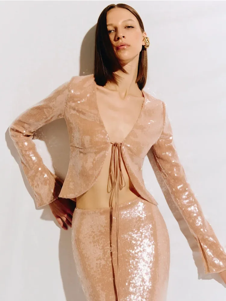 Женский сексуальный сетчатый комплект с длинными рукавами и блестками - Фотография_2