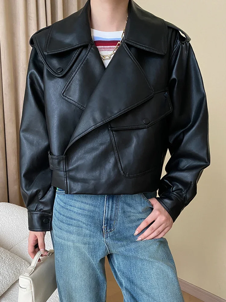 Весенне-осенняя женская уличная короткая куртка из искусственной кожи - Фотография_2