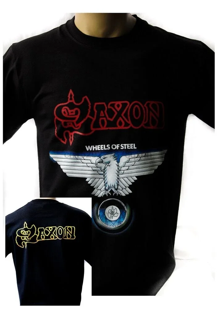 Черная мужская футболка saxon wheels of steel 1980